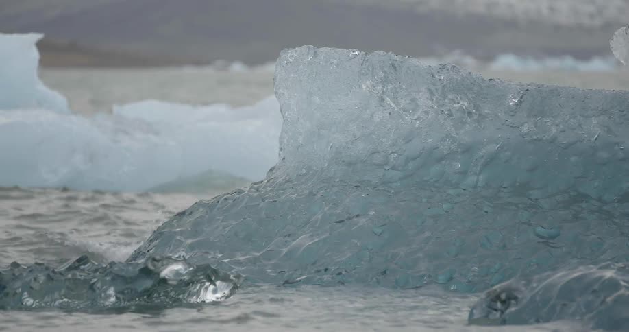 Water laps and moves around small icebergs