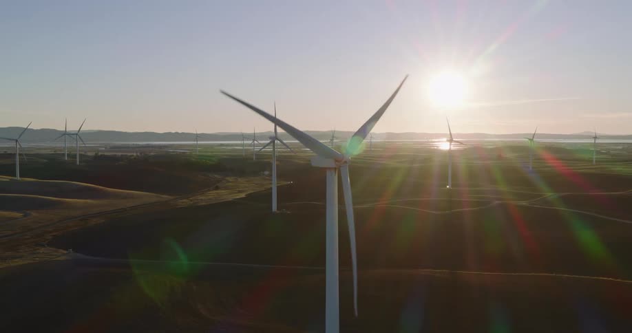 Aerial of a wind farm on a sunny day