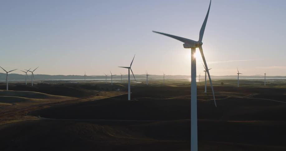 Panorama of moving wind turbine engines