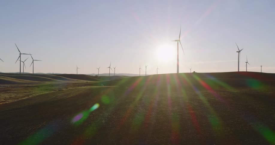 Sun rays glare from a blue sky above a grassy field filled with spinning wind turbines