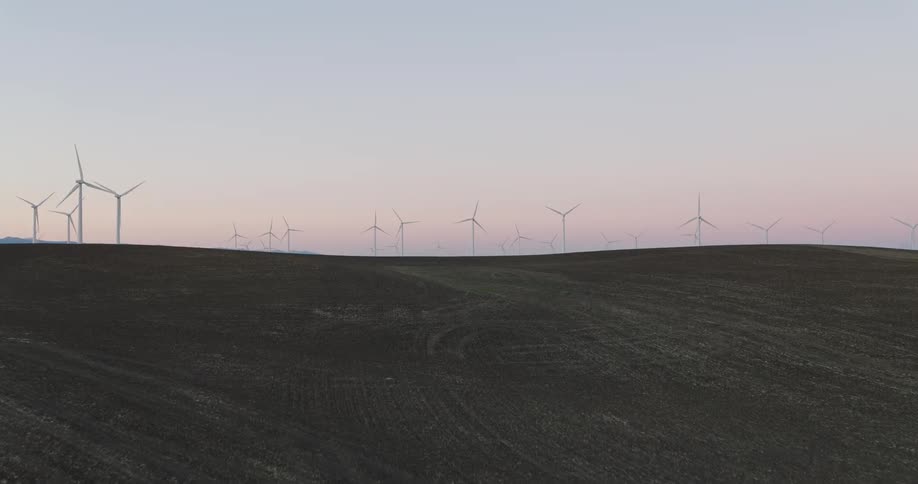 Panorama of a field with electrical power platforms and engines under a morning sky