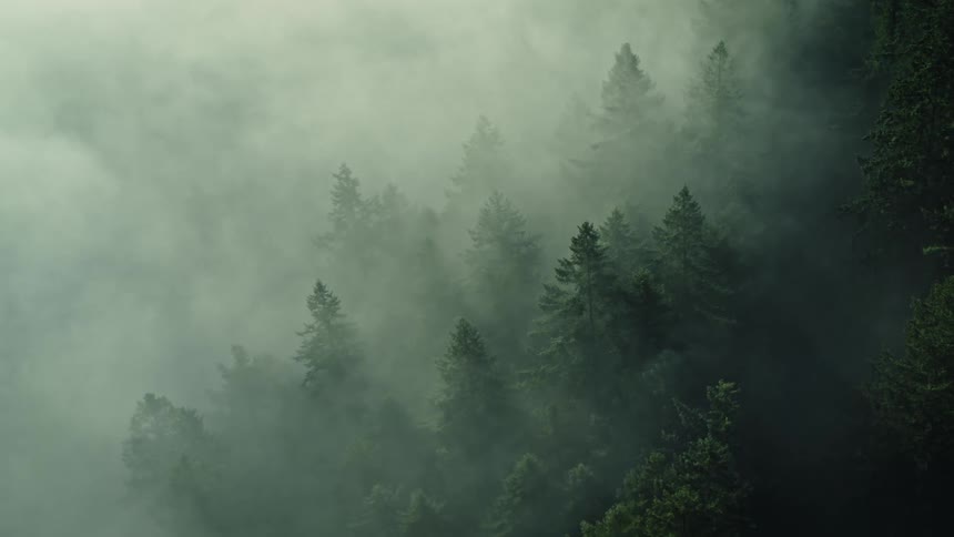 Aerial view of a forest partially covered by heavy fog in the morning