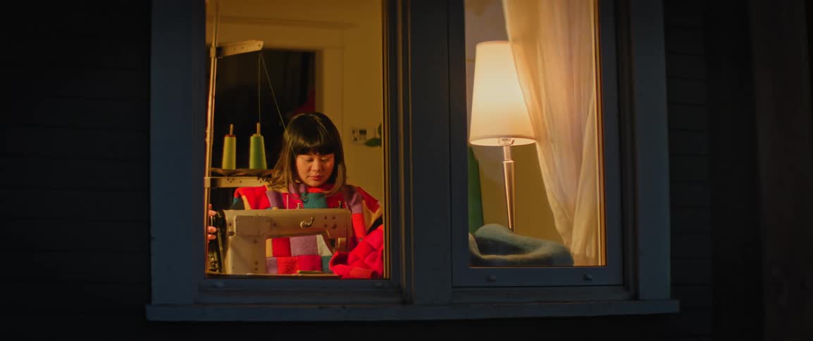A woman using a sewing machine as seen through her living room window