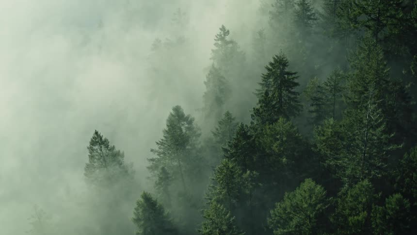 Aerial view of a forest partially covered by a large fog bank in the morning sunshine