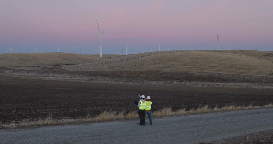 Utility workers stand on a road as wind turbines spin on the hills