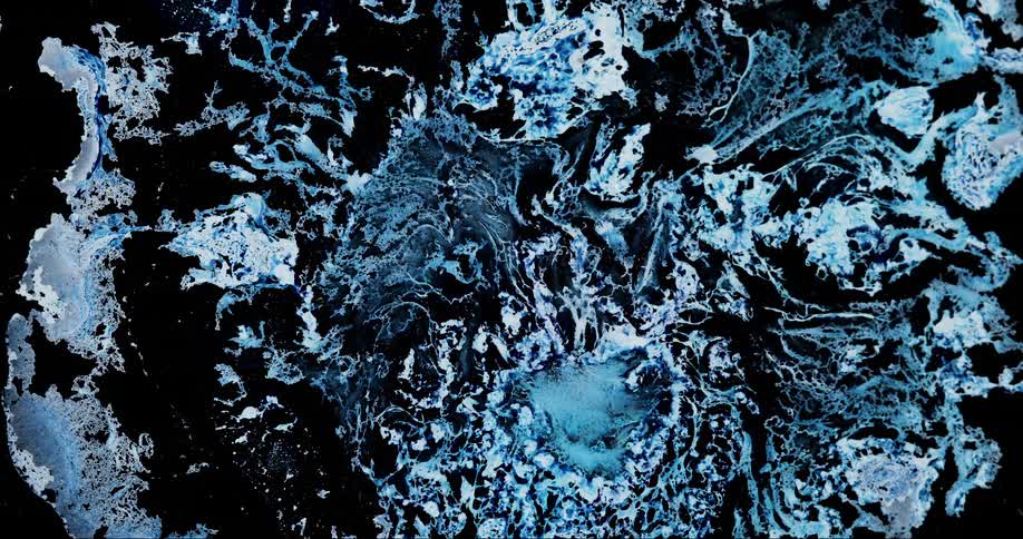 Blue and white on black abstract sea ice swirls separating