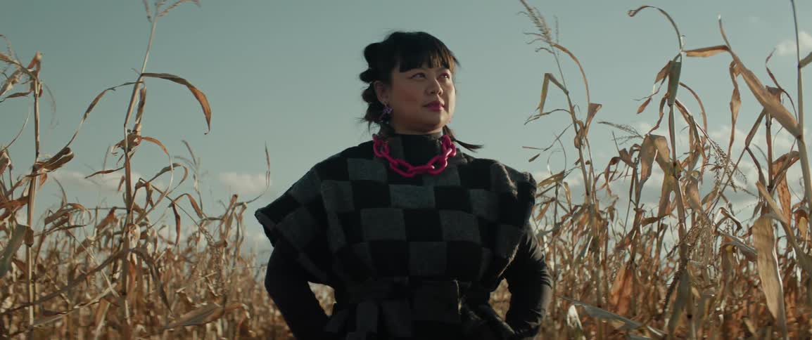 Woman modeling in black clothing and pink necklace in a field of corn