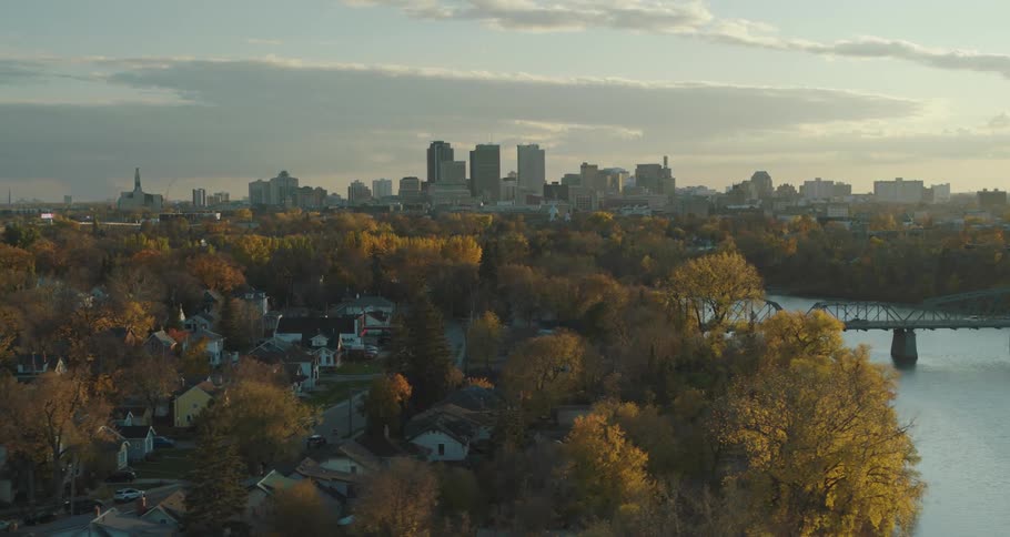 Aerial reveals downtown Winnipeg skyline in autumn