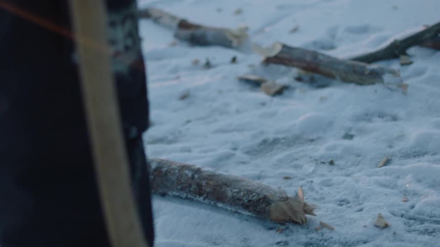 A person uses an axe to chop wood in the snow