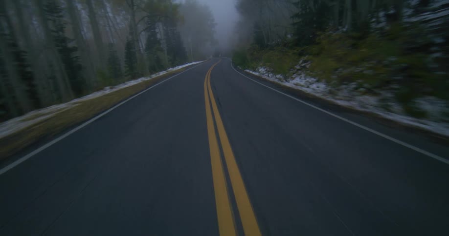 A freeway leading into the woods with trees and snow on both side of the road