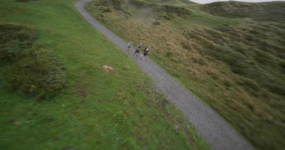 Aerial view of three people jogging on a trail near a lake