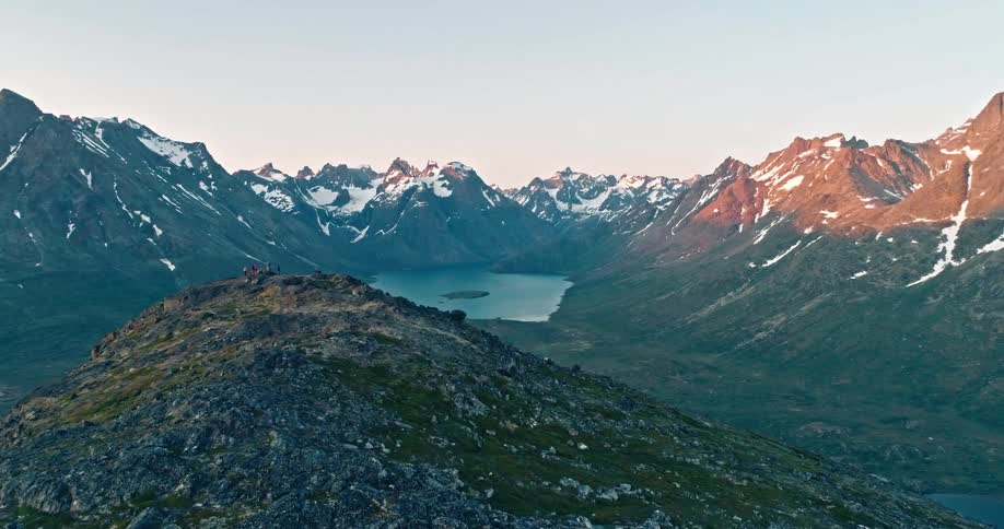 Aerial view of a lake in the mountains at morning
