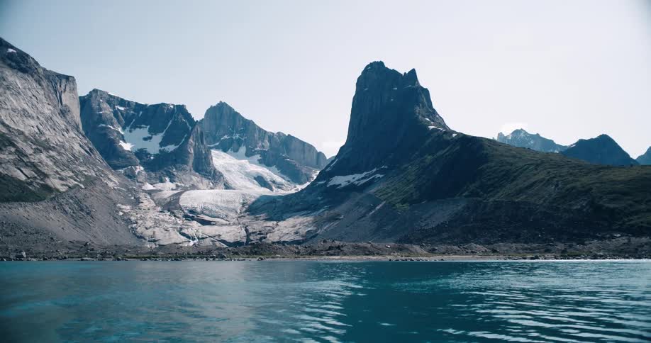 A mountainous beach on a sunny day