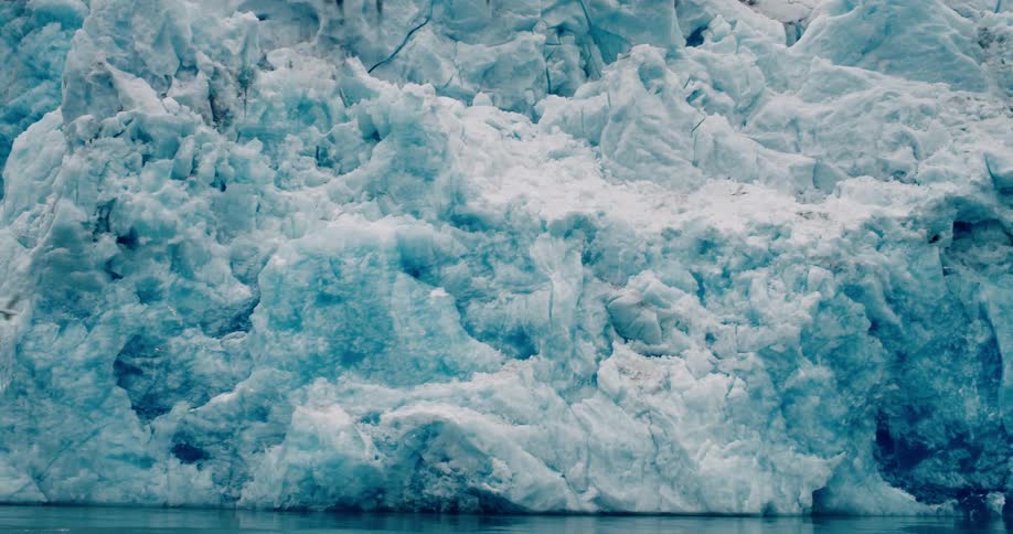 Seagulls fly among melting icebergs along the arctic coast