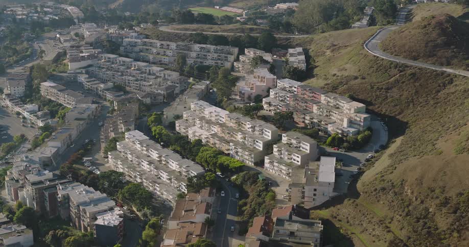 The homes are in rows on the hills