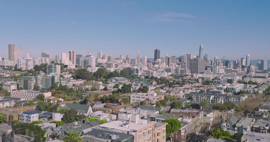 Aerial panorama of a metropolis with houses and skyscrapers by the sea