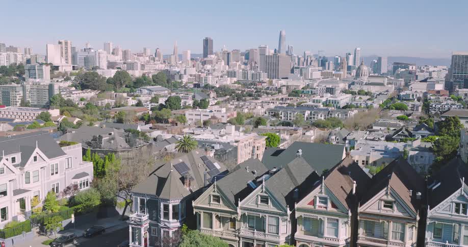 Aerial panorama of a metropolis with skyscrapers and houses during the day