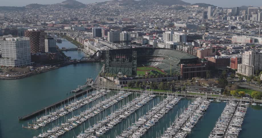 Aerial panorama of a metropolis by the sea with a yacht dock