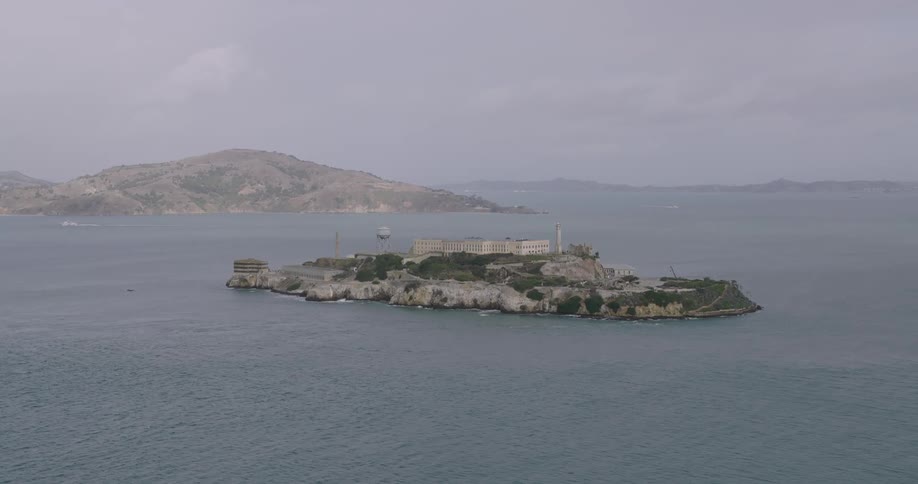 Aerial of the prison on alcatraz island on a partly cloudy day