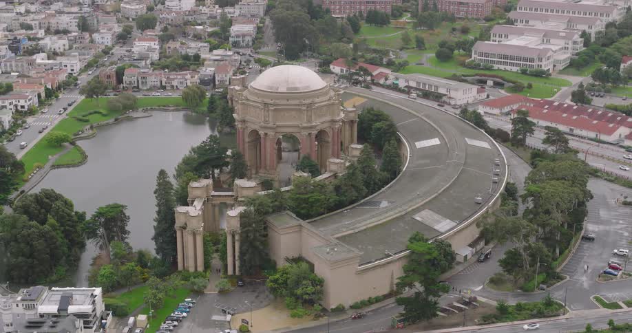 Aerial view around the palace of fine arts theater and reflecting pool in san francisco on an overcast day