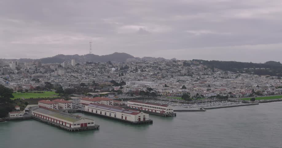 Panorama of a metropolis by the sea on a cloudy day
