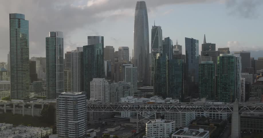 Aerial panorama of a metropolis with skyscrapers on a cloudy day