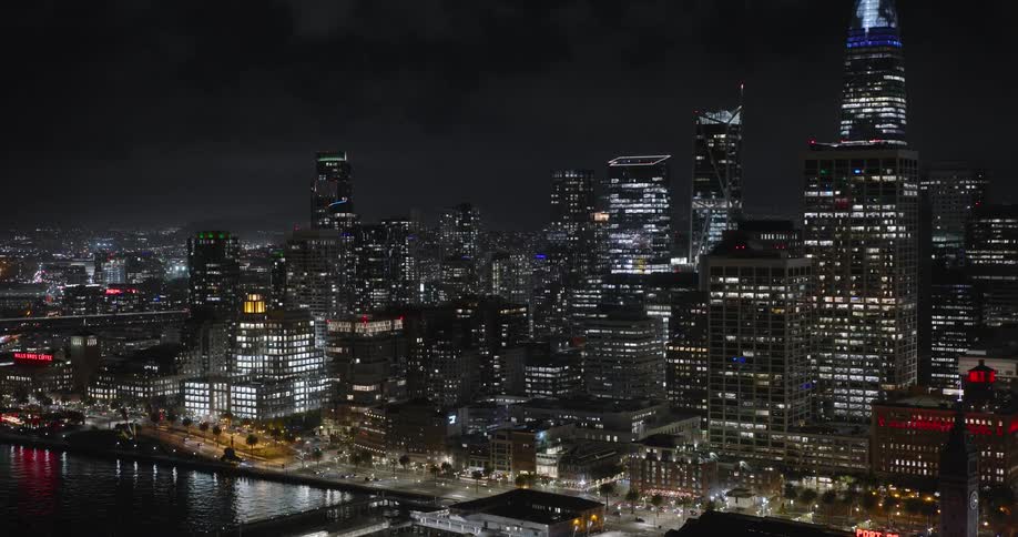 Aerial view of night lights in the city skyline
