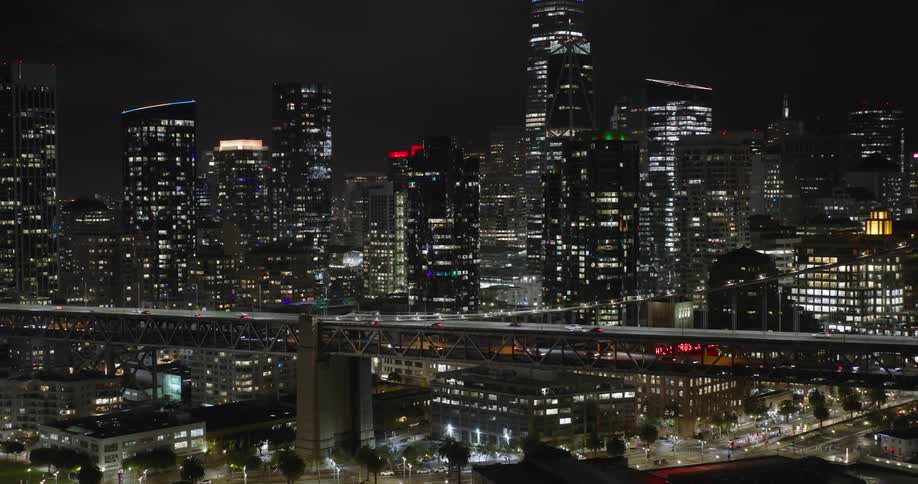 Aerial view of a bridge in the city at night