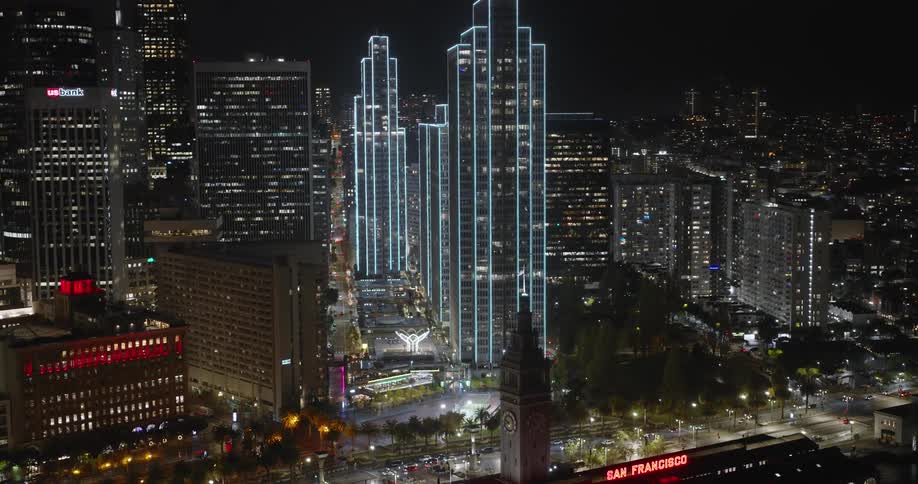 Panorama of a nighttime metropolis with illuminated and modern skyscrapers