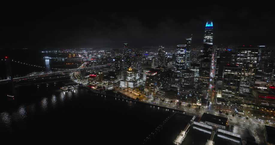 Aerial panorama of a metropolis with skyscrapers at night by the seaside