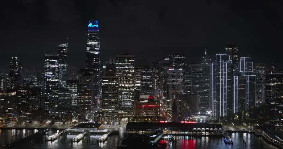 Aerial view of night lights in the city skyline