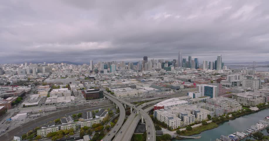 An aerial view of buildings and roads in a city