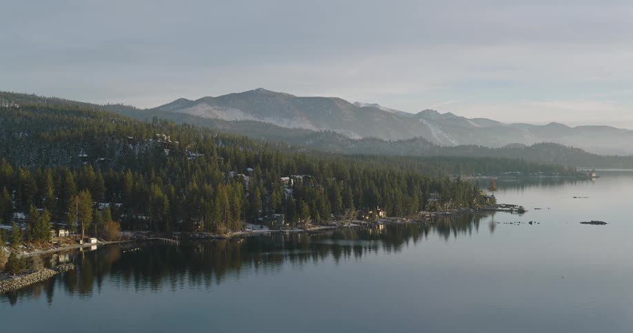 Aerial view of a small coastal town in the mountains