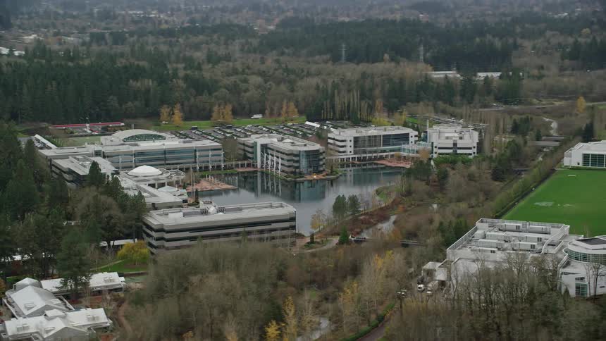 Series of buildings around a small lake