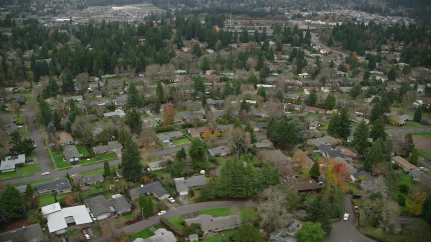 Aerial of a suburban neighborhood surrounded by nature