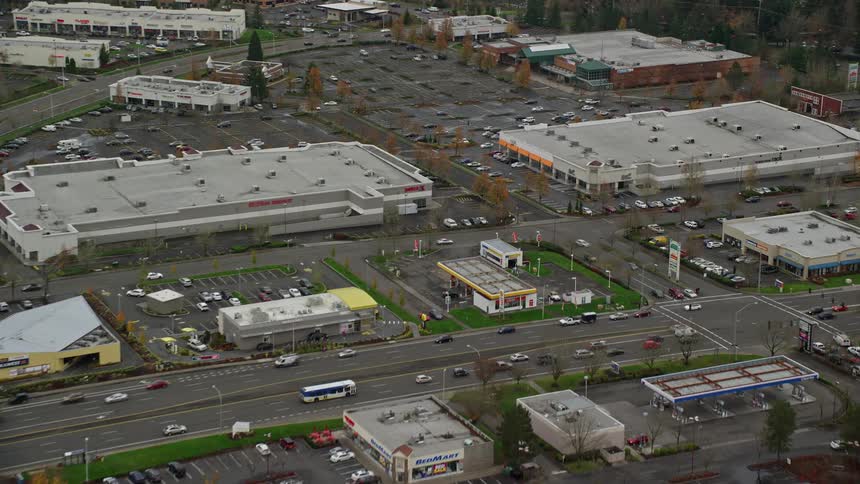 Aerial view of a commercial area in a small town