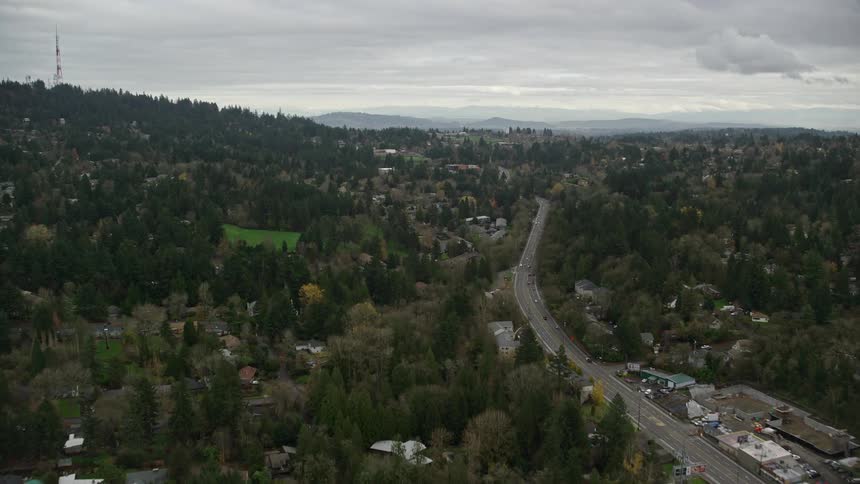 Aerial panorama of an urban city with residential neighborhoods amidst trees