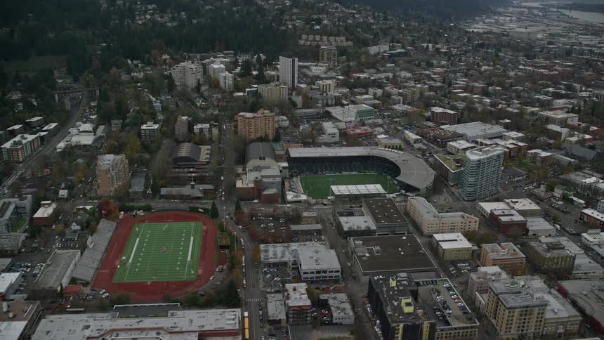 Skyline of a stadium in a suburban neighborhood