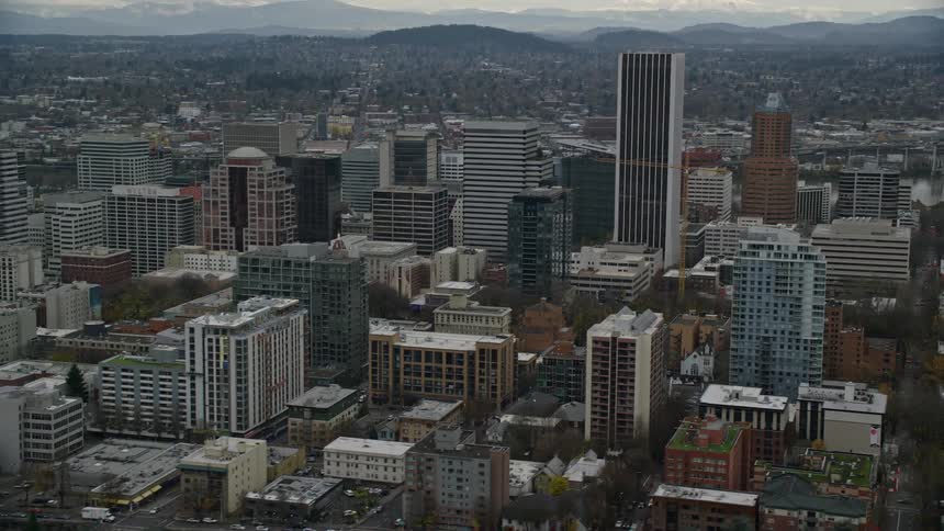 Panorama of a metropolis with skyscrapers and a mountain range on the horizon