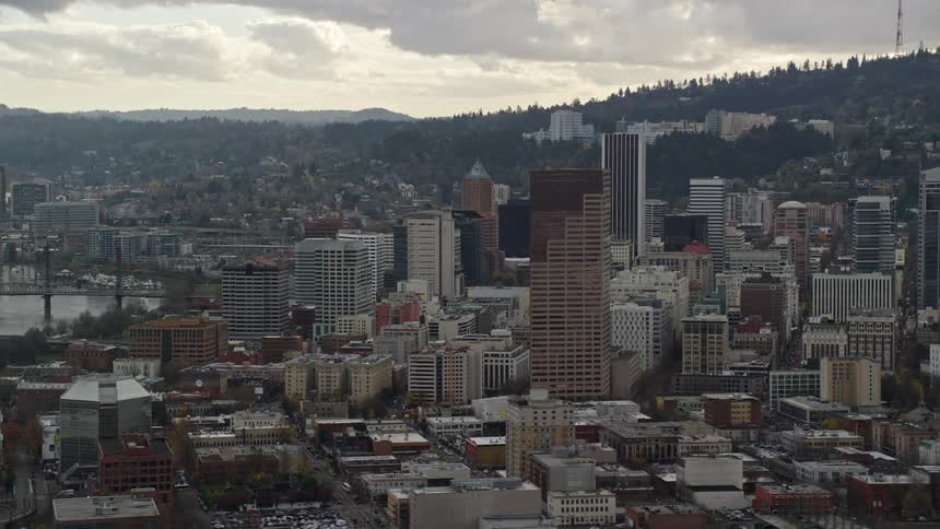 Aerial view of tall buildings in the downtown area of the city
