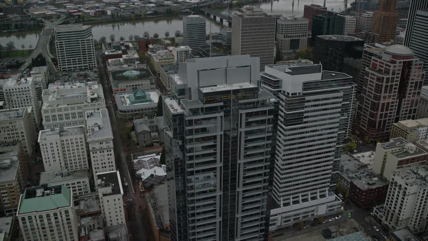 Aerial panorama of a metropolis with skyscrapers on a cloudy day