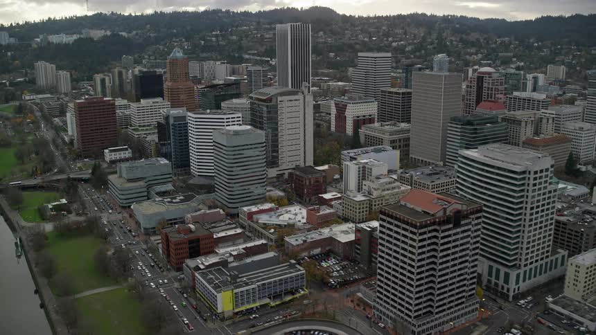 Aerial of an urban city center during sunset