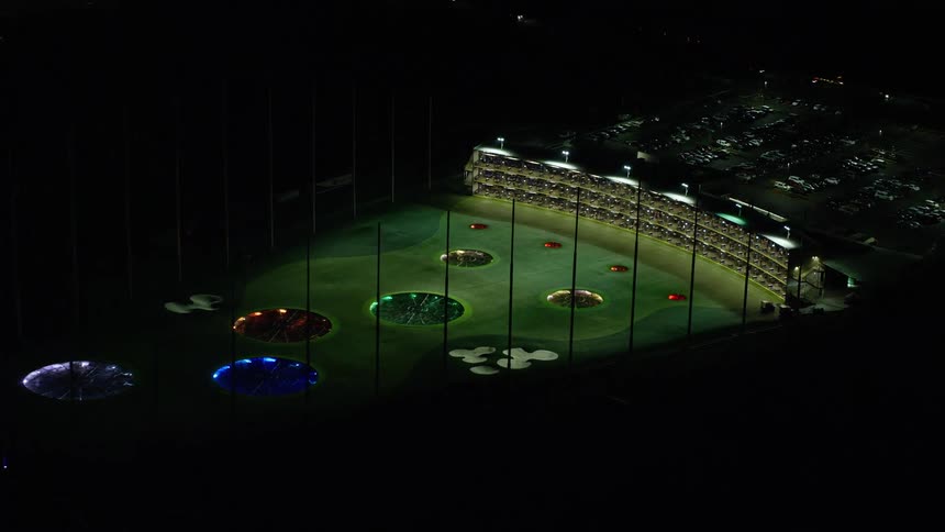 Aerial view of a golf practice faciltiy at night