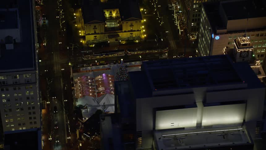 A christmas tree is in the middle of the city at night