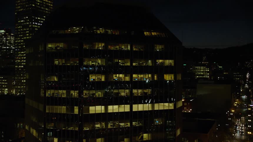 Aerial view of a building in the city at night