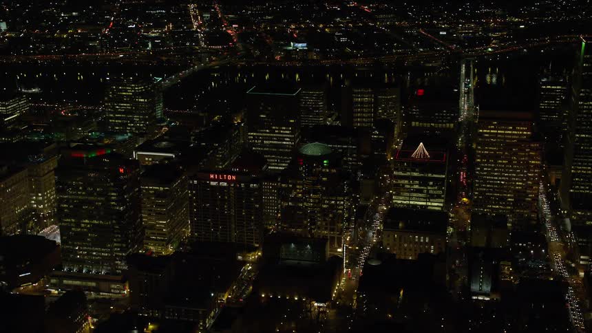 Aerial panorama of a metropolis with nighttime skyscrapers