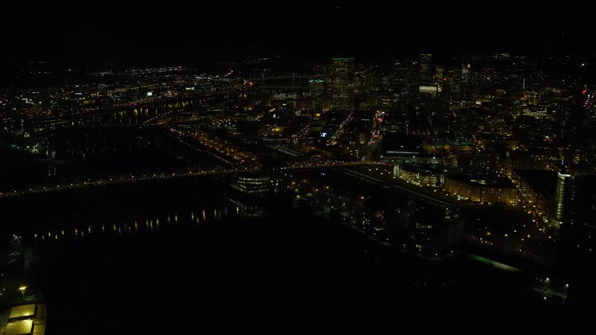 Aerial view of a coastal metropolitan citys night skyline