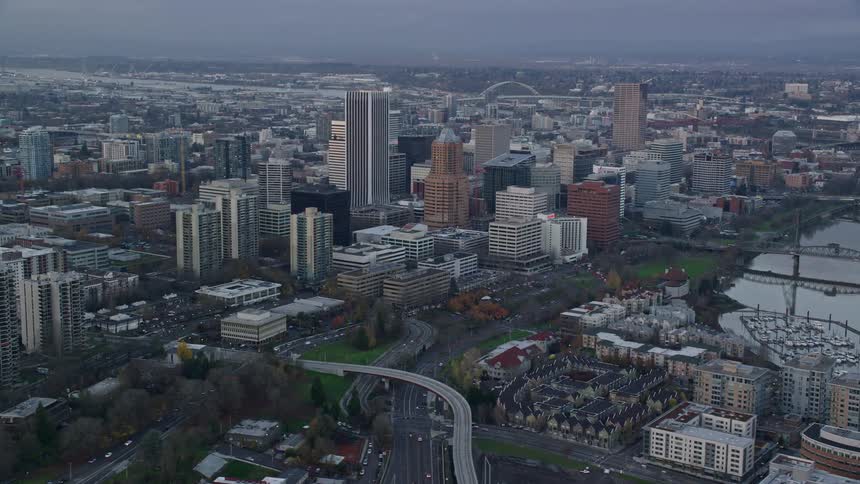 Aerial view of the waterfront city downtown