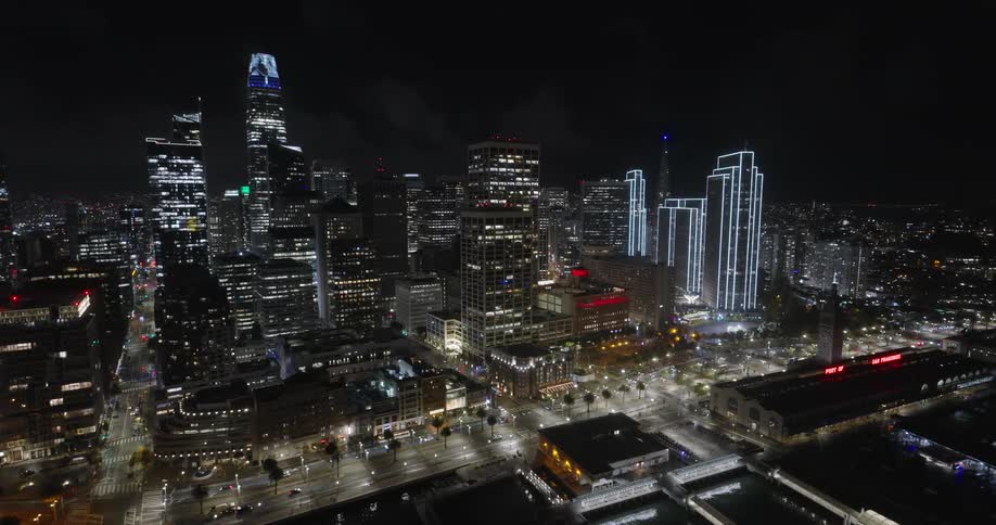 Aerial view of night lights in the city skyline