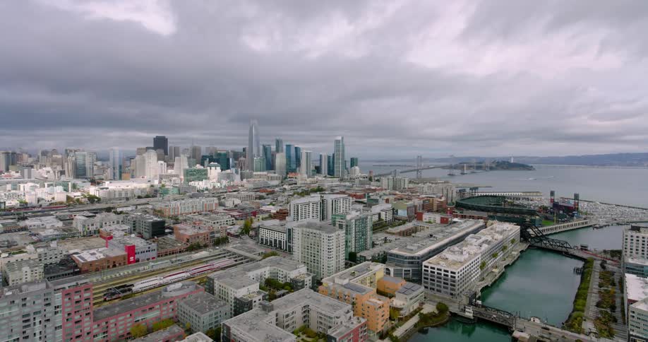 Panorama of a metropolis by the sea on a cloudy day